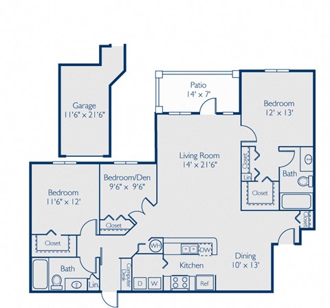 Floor plan for 3 beds, 2 baths, 1322 sqft